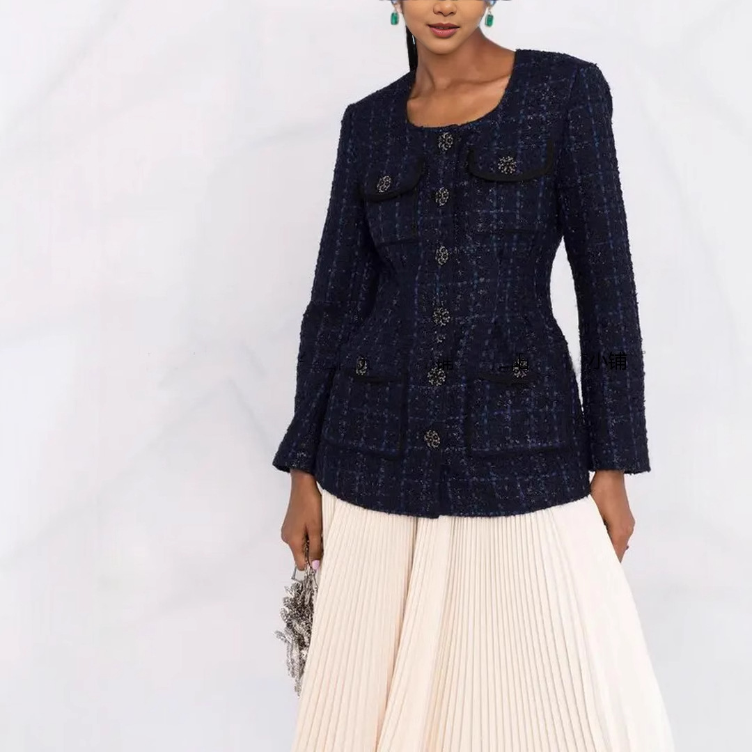 Áo Khoác Nữ Dạ Tweed Cổ Tròn Cài Khuy Đơn Phong Cách Cổ Điển Sang Trọng - Ảnh 4