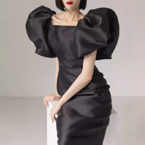 Đầm Dài Nữ Công Sở Thanh Lịch Hè 2026 Tay Phồng Cạp Cao Ôm Dáng Tôn Đường Cong
