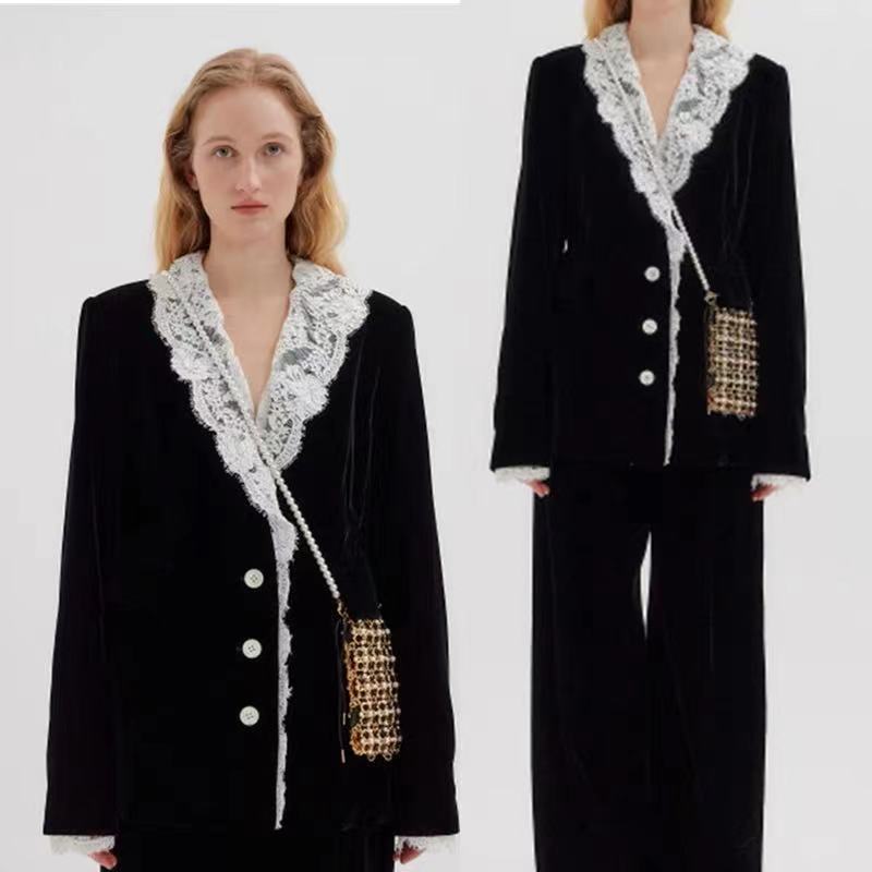 Áo Blazer Nữ Nhung Phối Ren Cổ Áo Phong Cách Tiểu Hương Gió Thanh Lịch Sang Trọng - Ảnh 3