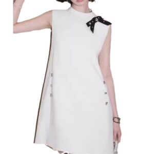 Đầm Nữ Mùa Thu Phong Cách Pháp Tiểu Thư Sang Trọng Cổ Tròn Sát Nách Nút Đính Đá Phối Nơ - Ảnh 5