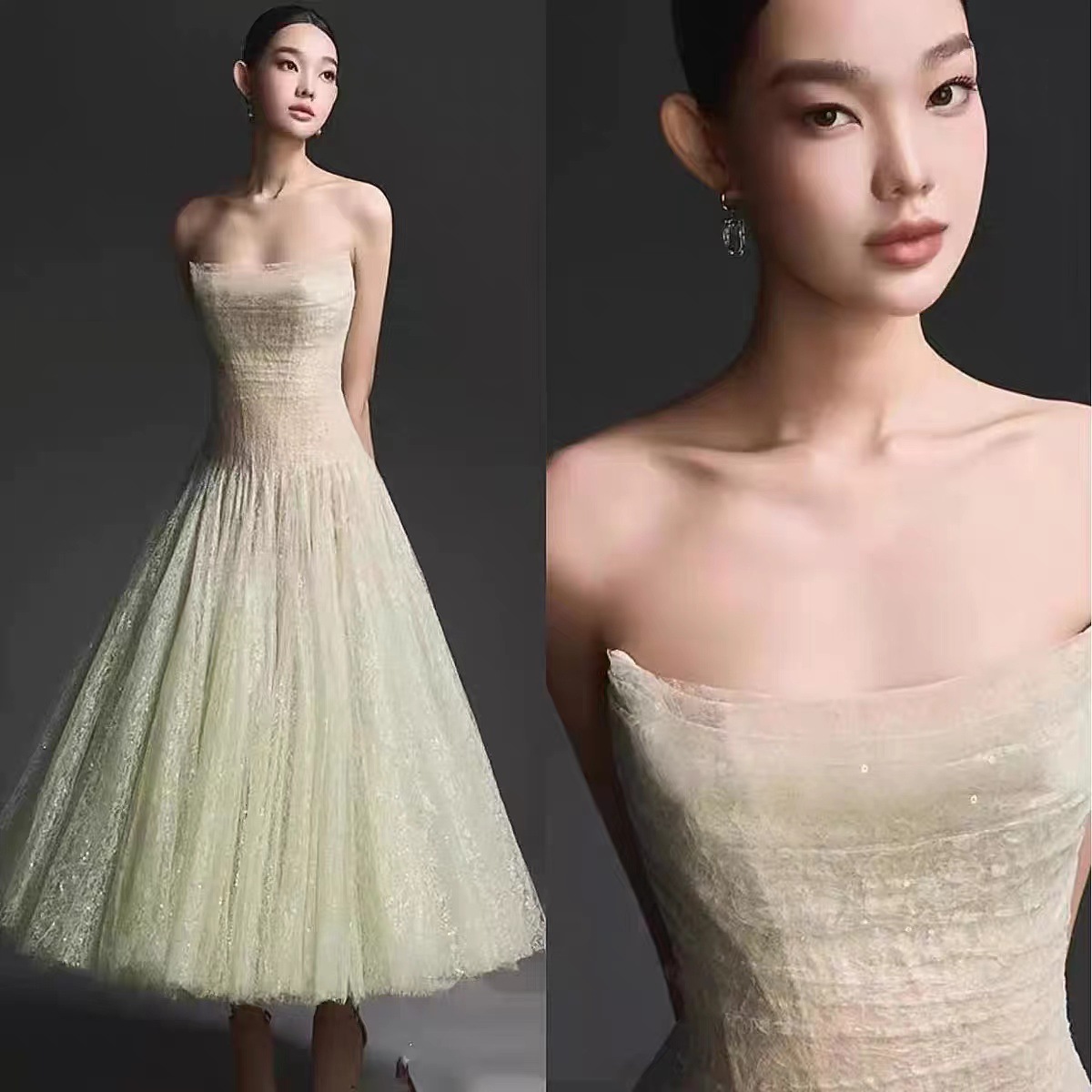 Đầm Nữ Dáng Dài Ren Lưới Đính Sequin Cổ Yếm Ôm Dáng Phong Cách Nữ Thần - Ảnh 3