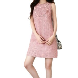 Đầm Nữ Hồng Họa Tiết Hoa Đính Ngọc Trai Đính Đá Không Tay Chiết Eo Tôn Dáng Thời Trang - Ảnh 5