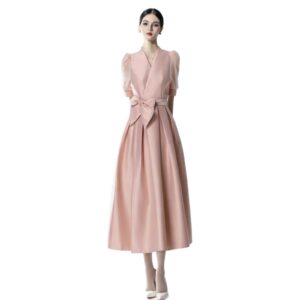 Đầm Nữ Satin Cổ V Tay Phồng Thắt Dây Chiết Eo Tôn Dáng Dáng Chữ A Kèm Hoa Thanh Lịch - Ảnh 5