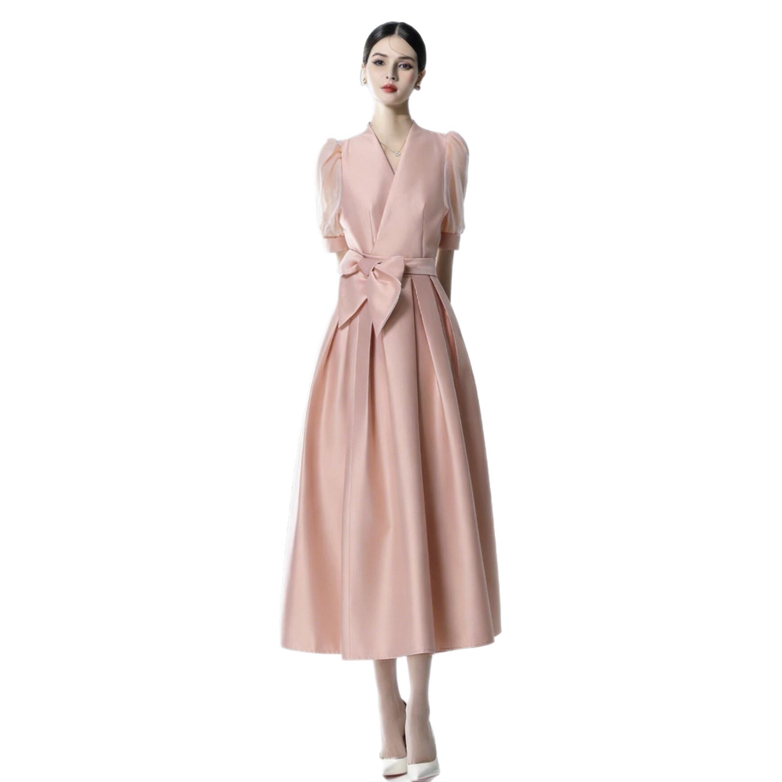 Đầm Nữ Satin Cổ V Tay Phồng Thắt Dây Chiết Eo Tôn Dáng Dáng Chữ A Kèm Hoa Thanh Lịch - Ảnh 5