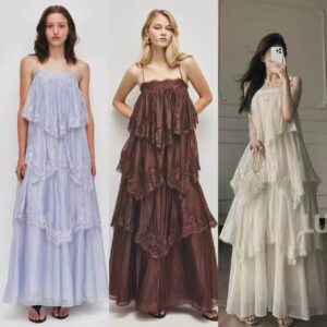 Đầm Ren Dài Phong Cách Pháp Retro Dáng Hai Dây Phối Ren Gradient Thanh Lịch - Ảnh 3