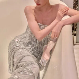 Đầm Nữ Sequin Bạc Tua Rua Cúp Ngực Xương Cá Dáng Dài Ôm Body Sang Trọng - Ảnh 4