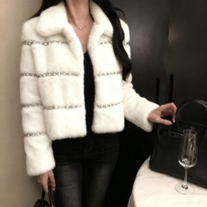 Áo Khoác Lông Nữ Dáng Ngắn Đính Hạt Phối Lông Chồn Giả Sang Trọng Thời Trang - Ảnh 4