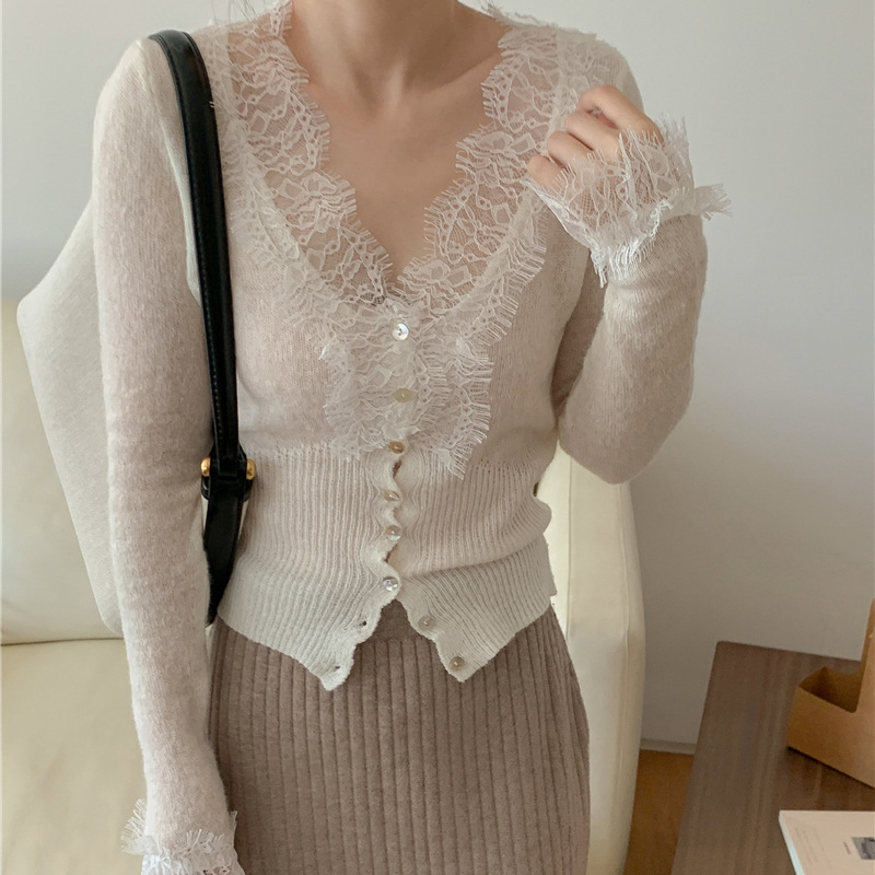 Áo Cardigan Nữ Dệt Kim Phối Ren Phong Cách Pháp Ôm Dáng Nữ Tính - Ảnh 2