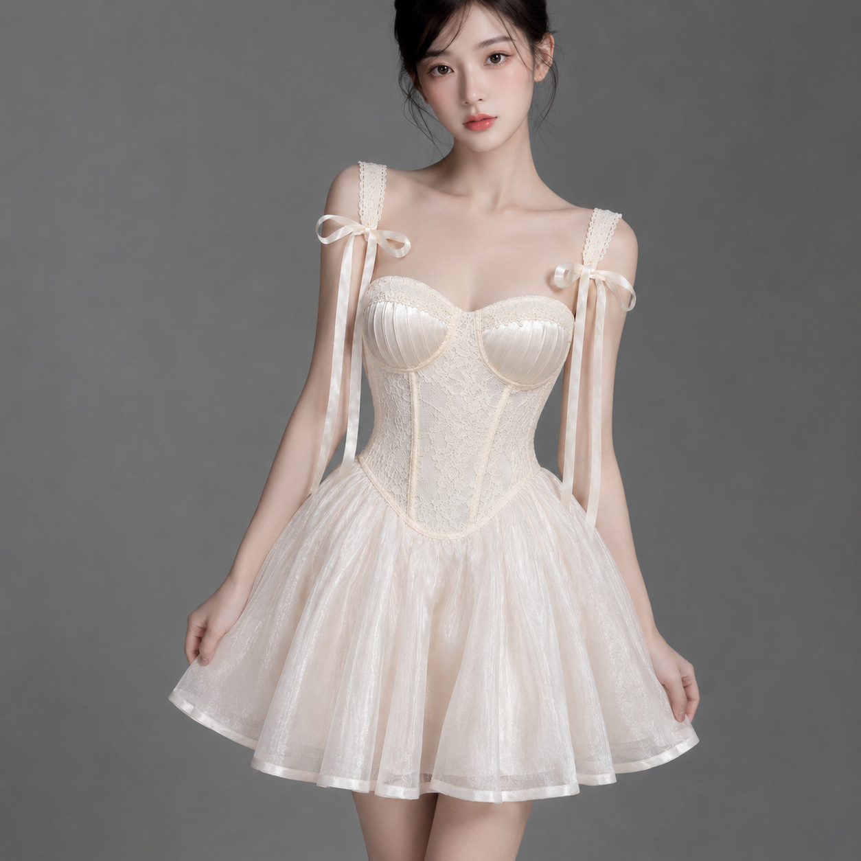 Đầm Ren Ôm Dáng Phong Cách Hàn Quốc Nữ Váy Eo Ren Phối Chân Váy Ballet Phồng Sang Trọng
