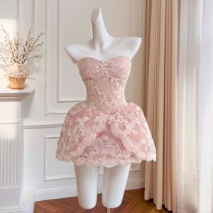 Đầm Ren Hoa Nữ Phối Xương Cá Thắt Eo Hoa 3D Có Đệm Ngực Dáng Váy Ngắn Dự Tiệc Sinh Nhật - Ảnh 4