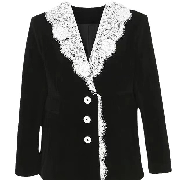 Áo Blazer Nữ Nhung Phối Ren Cổ Áo Phong Cách Tiểu Hương Gió Thanh Lịch Sang Trọng - Ảnh 5