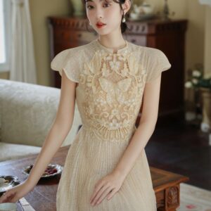 Đầm Thêu Đục Lỗ Tay Ngắn Xếp Ly Dáng Dài Phong Cách Tiểu Thư Sang Trọng - Ảnh 3