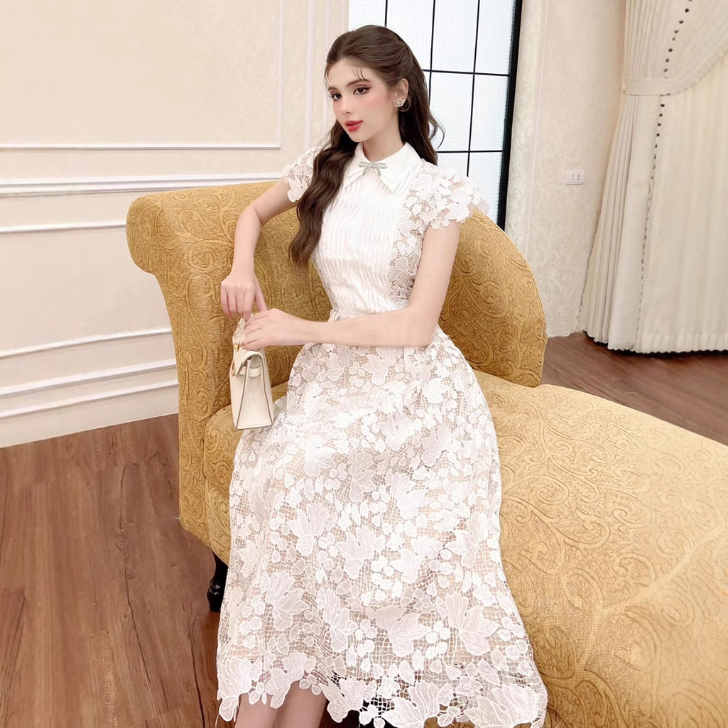 Đầm Ren Hoa 3D 2026 Tay Ngắn Dáng Dài Vừa Thắt Nơ Tôn Dáng - Ảnh 4