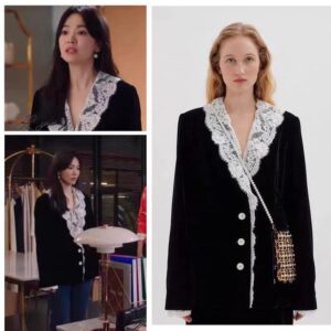 Áo Blazer Nữ Nhung Phối Ren Cổ Áo Phong Cách Tiểu Hương Gió Thanh Lịch Sang Trọng