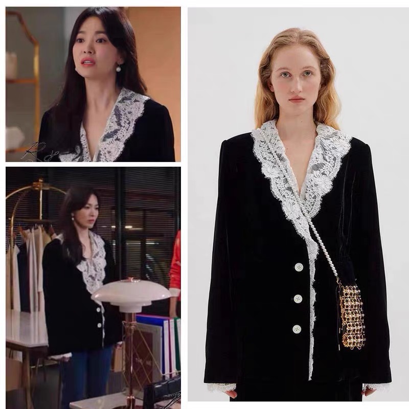Áo Blazer Nữ Nhung Phối Ren Cổ Áo Phong Cách Tiểu Hương Gió Thanh Lịch Sang Trọng
