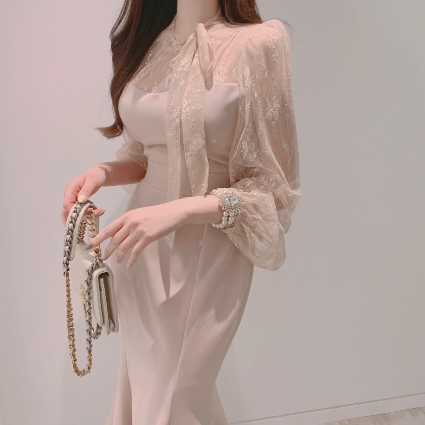 Đầm Nữ Phối Ren Xuyên Thấu Dáng Đuôi Cá Ôm Dáng Phong Cách Tiểu Thư Thanh Lịch - Ảnh 2