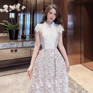 Đầm Ren Hoa 3D 2026 Tay Ngắn Dáng Dài Vừa Thắt Nơ Tôn Dáng - Ảnh 3