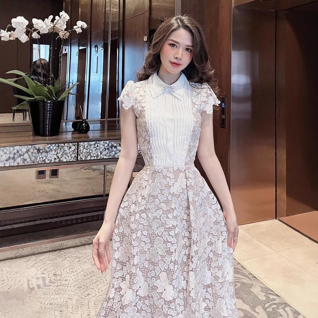 Đầm Ren Hoa 3D 2026 Tay Ngắn Dáng Dài Vừa Thắt Nơ Tôn Dáng - Ảnh 3
