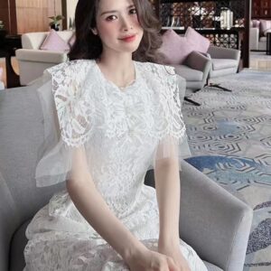 Đầm Nữ Ren Trắng 2026 Cổ Tròn Eo Cao Tôn Dáng Thanh Lịch Phong Cách Tiểu Thư Đầm Phụ Dâu - Ảnh 3