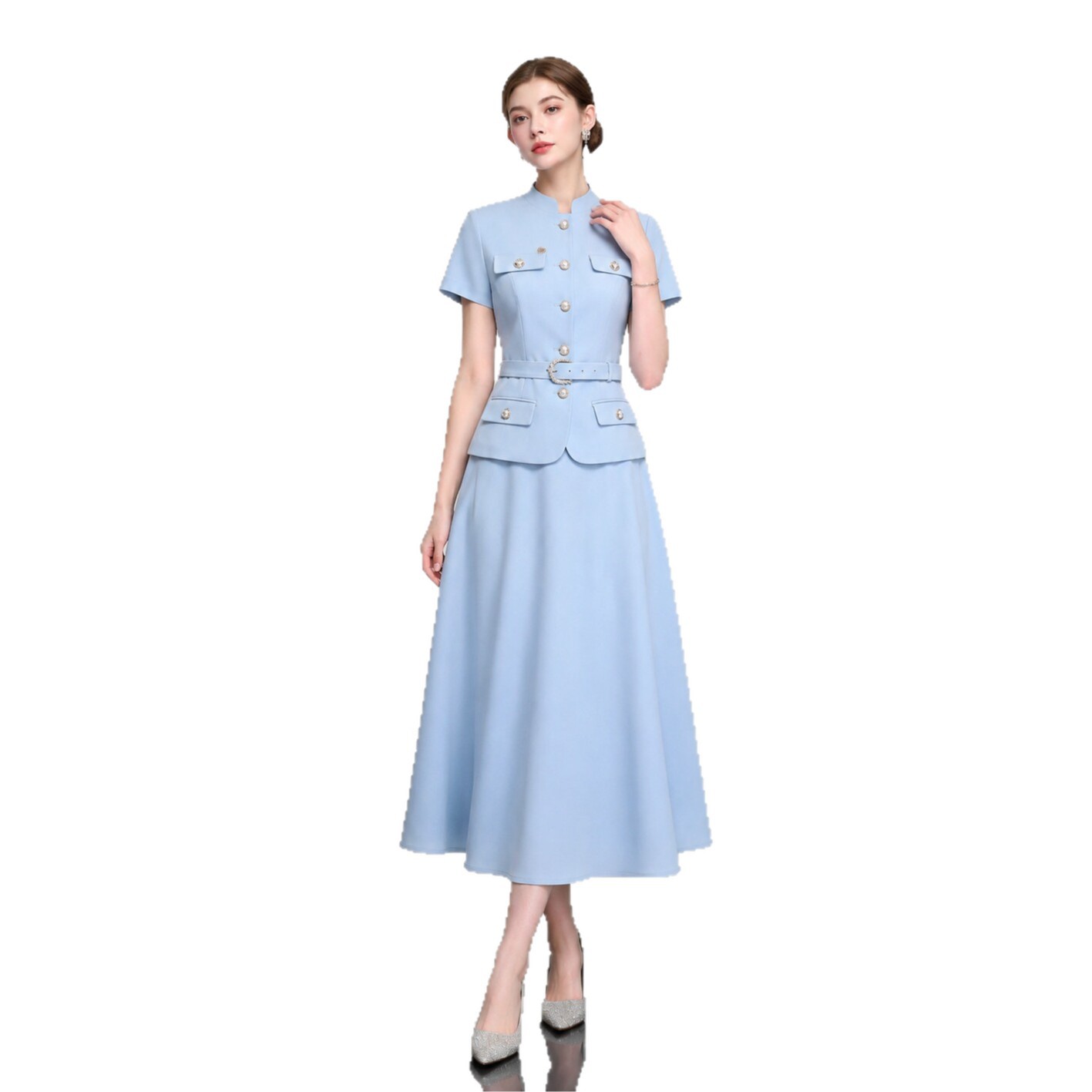 Set Vest Nữ Tay Ngắn Cổ Đứng Phối Chân Váy Chữ A Kèm Thắt Lưng Thanh Lịch - Ảnh 5