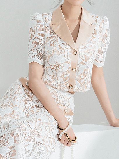 Set Đồ Nữ Thời Trang 2026 Áo Cổ Vest Phối Chân Váy Ren Hoa Thanh Lịch Phong Cách Hàn Quốc - Ảnh 4