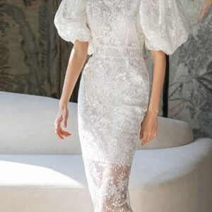 Đầm Nữ Tay Phồng Phối Ren Sequin Thêu Cầu Kỳ Dáng Ôm Tôn Dáng Cổ Điển Sang Trọng