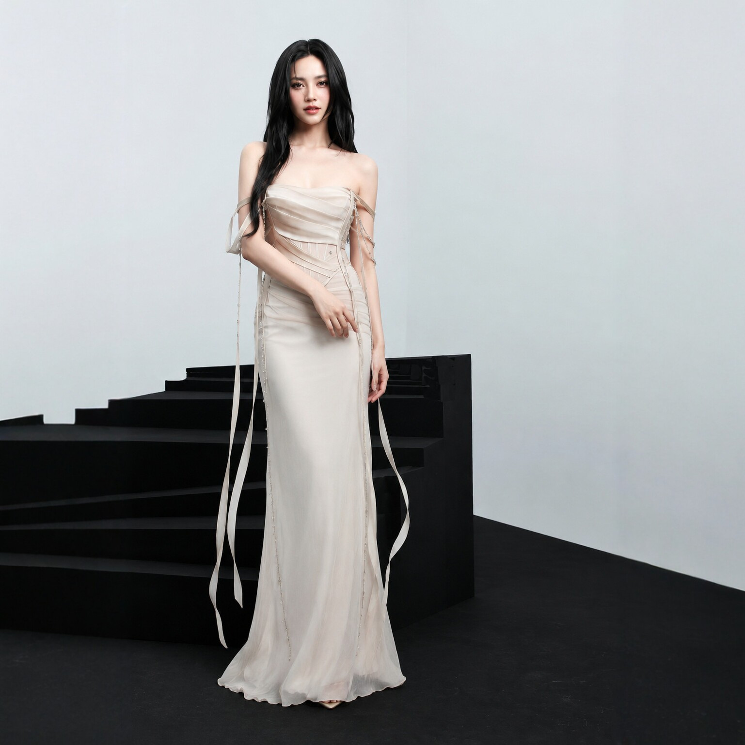 Đầm Nữ Dáng Ôm Đuôi Cá Thắt Dây Ruy Băng Sang Trọng Quyến Rũ Dự Tiệc Váy Phụ Dâu