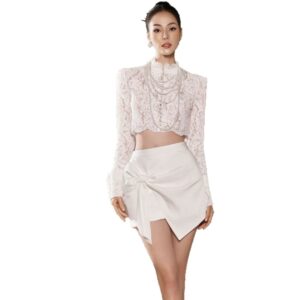 Bộ Đồ Nữ Phối Ren Cổ Cao Tay Dài Thắt Nơ Cạp Cao Phong Cách Thanh Lịch Thời Trang - Ảnh 5