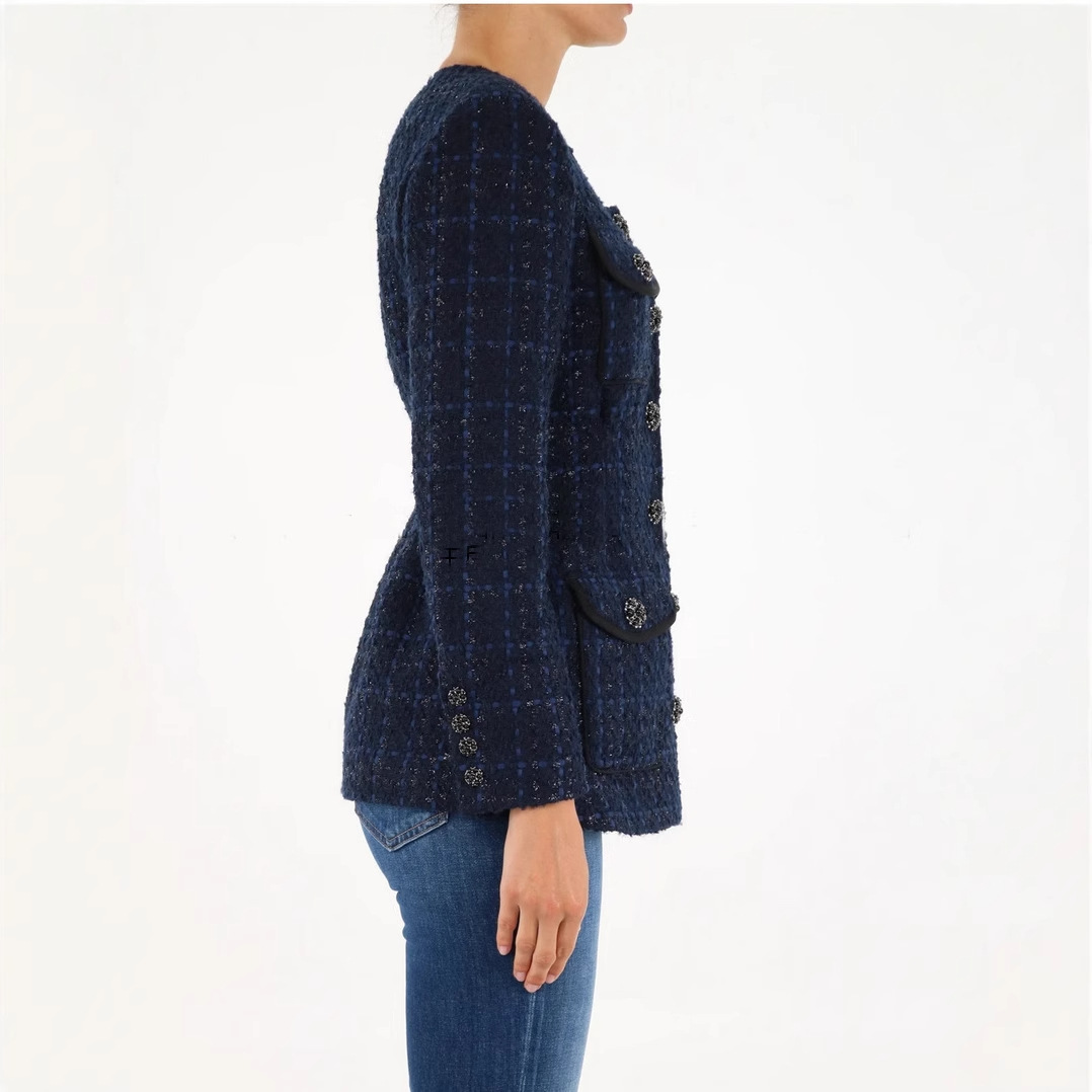 Áo Khoác Nữ Dạ Tweed Cổ Tròn Cài Khuy Đơn Phong Cách Cổ Điển Sang Trọng - Ảnh 3