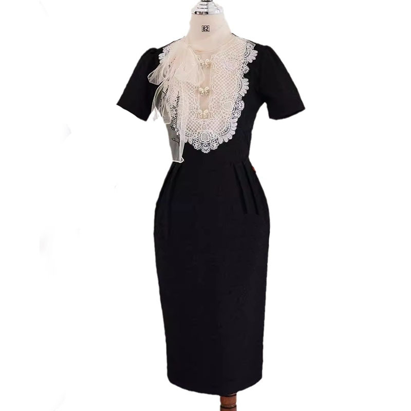 Váy Liền Nữ Phối Đen Trắng Ren Thêu Hoa Phối Lưới Thanh Lịch - Ảnh 5