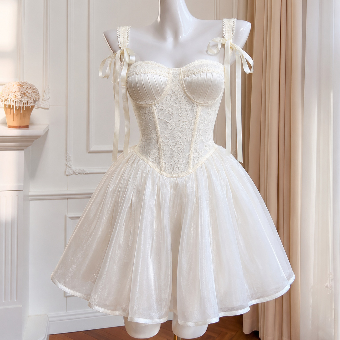 Đầm Ren Ôm Dáng Phong Cách Hàn Quốc Nữ Váy Eo Ren Phối Chân Váy Ballet Phồng Sang Trọng - Ảnh 4