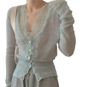 Áo Cardigan Nữ Dệt Kim Phối Ren Phong Cách Pháp Ôm Dáng Nữ Tính - Ảnh 5