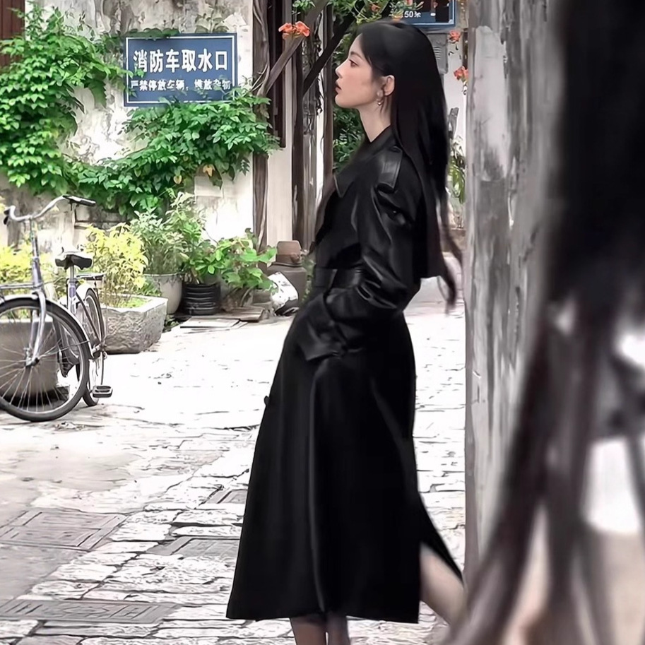 Áo Khoác Nữ Da Dáng Dài Màu Đen Chiết Eo Tôn Dáng Thanh Lịch - Ảnh 3