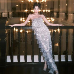 Đầm Nữ Sequin Bạc Tua Rua Cúp Ngực Xương Cá Dáng Dài Ôm Body Sang Trọng - Ảnh 2