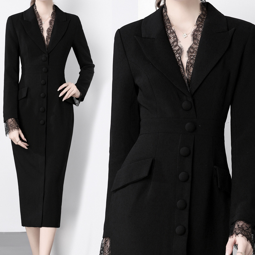 Đầm Vest Nữ Phong Cách Pháp Cổ Điển Viền Ren Dáng Ôm Tiểu Thư Váy Đen Thanh Lịch - Ảnh 3