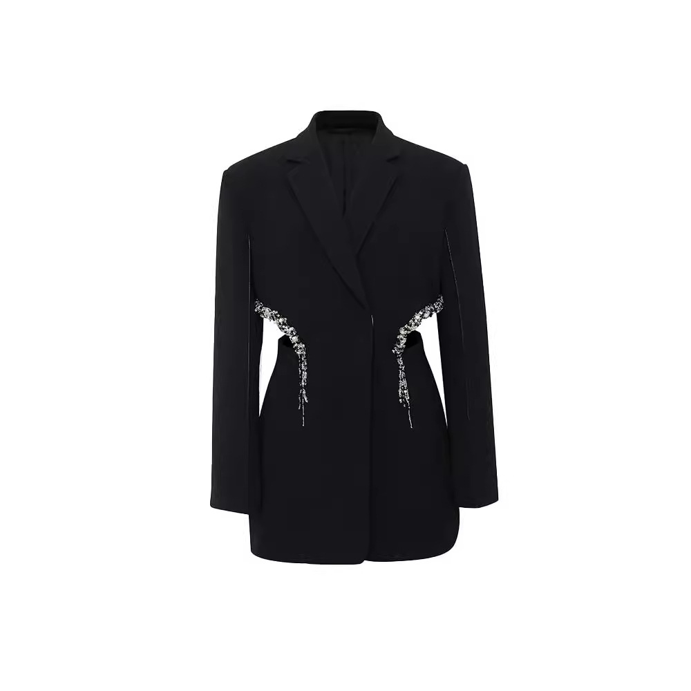 Áo Blazer Nữ Màu Đen 2026 Phong Cách Audrey Hepburn Tay Dài Đính Đá Thủ Công Hở Eo Thanh Lịch - Ảnh 4