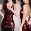Đầm Dự Tiệc Nữ Đỏ Rượu Đính Sequin Hở Lưng Ôm Dáng Tôn Eo Sang Trọng Quyến Rũ