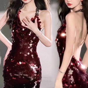 Đầm Dự Tiệc Nữ Đỏ Rượu Đính Sequin Hở Lưng Ôm Dáng Tôn Eo Sang Trọng Quyến Rũ
