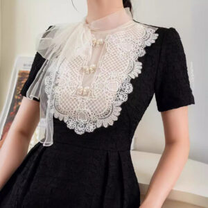Váy Liền Nữ Phối Đen Trắng Ren Thêu Hoa Phối Lưới Thanh Lịch - Ảnh 4