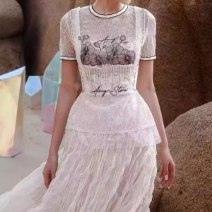 Set Đồ Nữ Đen Trắng Thêu Hoa Phối Ren Lưới Xếp Nếp Ôm Eo Phong Cách Pháp