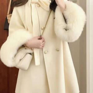 Áo Khoác Dạ Nữ Màu Đen Dáng Choàng Đính Nút Vàng Thắt Nơ Sang Trọng Thu Đông - Ảnh 3