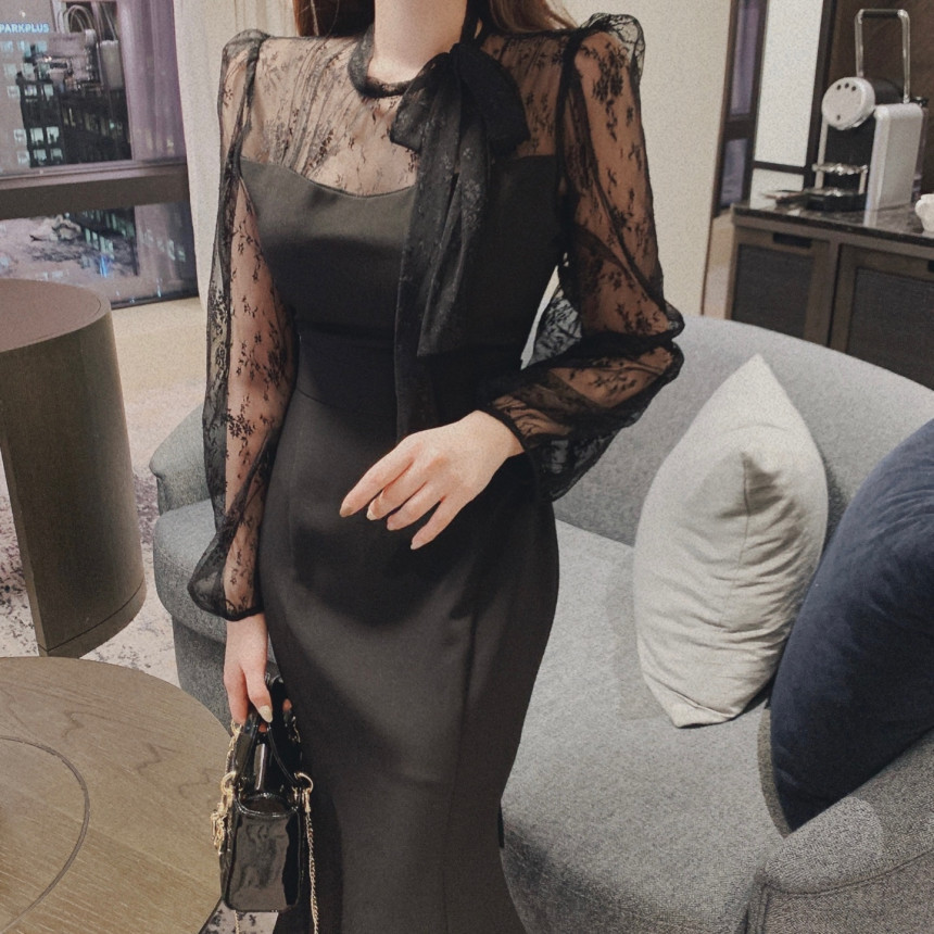 Đầm Nữ Phối Ren Xuyên Thấu Dáng Đuôi Cá Ôm Dáng Phong Cách Tiểu Thư Thanh Lịch - Ảnh 3