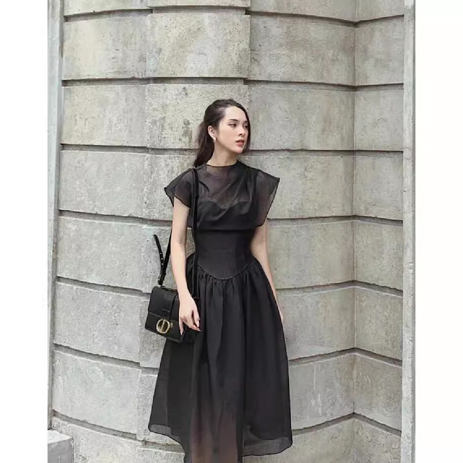 Đầm Dài Nữ Màu Đen Cạp Cao Xếp Nhăn Phối Xuyên Thấu Tôn Dáng Sang Trọng Dự Tiệc - Ảnh 4