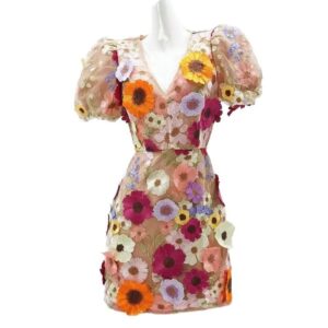 Đầm Ren Hoa 3D Tay Ngắn Ôm Eo Tôn Dáng Dáng Ngắn - Ảnh 5