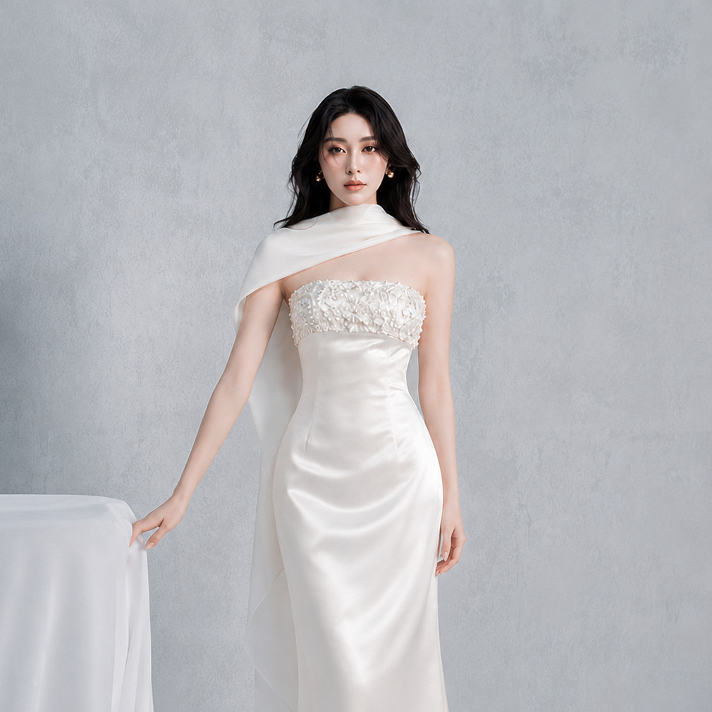 Đầm Nữ Satin Cổ Yếm Phong Cách Pháp Sang Trọng Thanh Lịch Dự Tiệc Lễ Đính Hôn - Ảnh 3