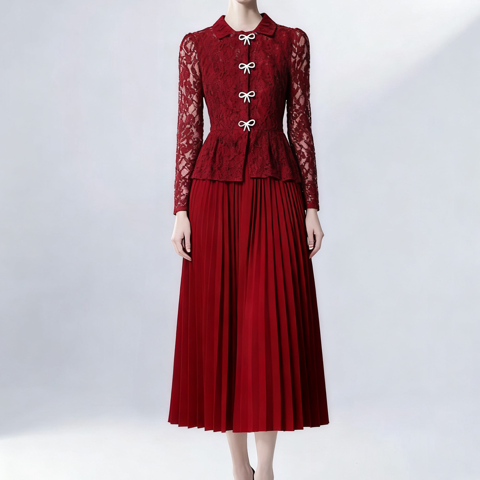 Đầm Nữ Ren Vintage Phong Cách Quý Cô Sang Trọng Dáng Giả 2 Món Chiết Eo Xếp Ly Dài Qua Gối 2026 - Ảnh 2