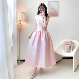 Đầm Dài Màu Hồng Không Tay Phong Cách Pháp Dáng Xòe Ôm Eo Nữ Tính - Ảnh 3