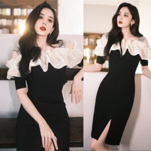 Đầm Nữ Đen Hai Dây Đính Đá Lấp Lánh Ôm Dáng Vai Ngang Bèo Nhún Tôn Đường Cong Sang Trọng - Ảnh 4