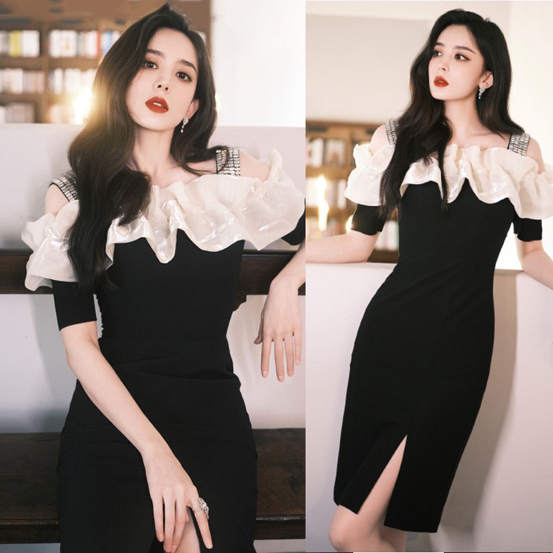 Đầm Nữ Đen Hai Dây Đính Đá Lấp Lánh Ôm Dáng Vai Ngang Bèo Nhún Tôn Đường Cong Sang Trọng - Ảnh 4