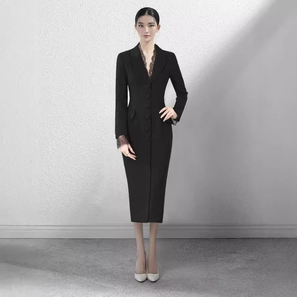 Đầm Vest Nữ Phong Cách Pháp Cổ Điển Viền Ren Dáng Ôm Tiểu Thư Váy Đen Thanh Lịch
